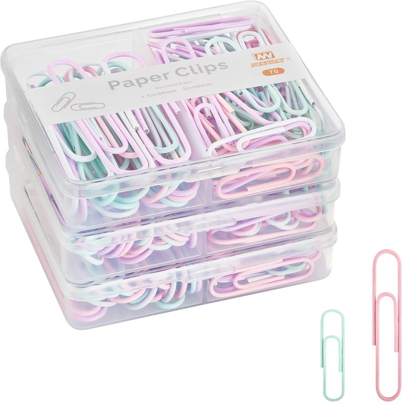 NEEWAY Colorful Paper Clips Assorted Sizes, Small and Large Paperclips, 210 Count, 3 Pack of 70 (Light Multicolor) - Image 1